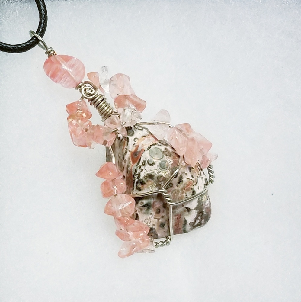 Boho Pink Dalmatian Jasper & Strawberry Quartz Pendant Necklace